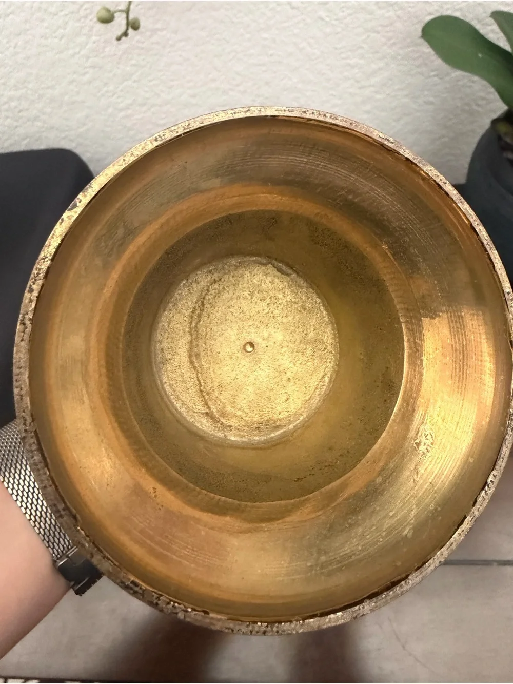 Vintage Hand-Carved Brass Vase with Black Lacquer Etching
